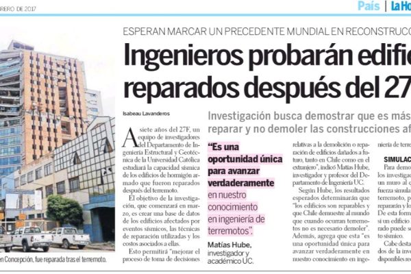 Ingenieros probarán edificios reparados después del 27F
