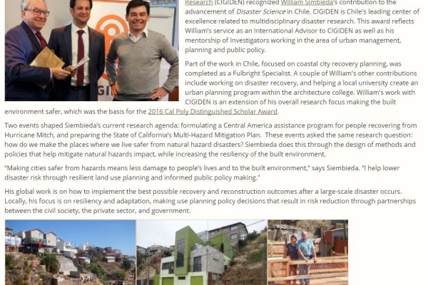 Cal Poly Professor is Recognized for Disaster Science in Chile