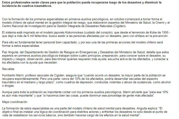En octubre empieza inédita formación de especialistas en primeros auxilios psicológicos