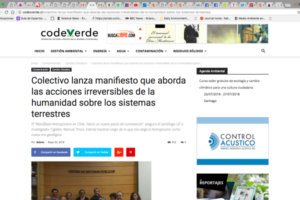 Colectivo lanza manifiesto que aborda las acciones irreversibles de la humanidad sobre los sistemas terrestres (2018)
