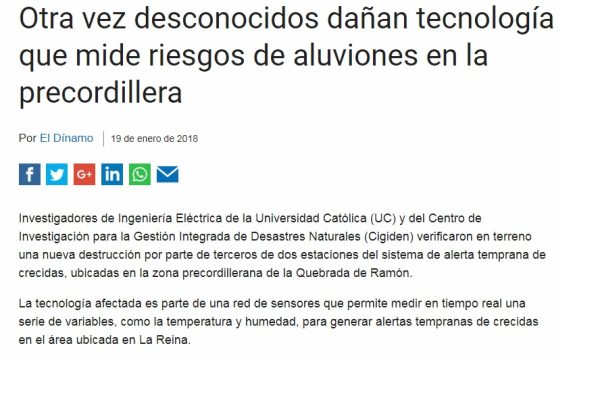 El DINAMO: Otra vez desconocidos dañan tecnología que mide riesgos de aluviones en la precordillera