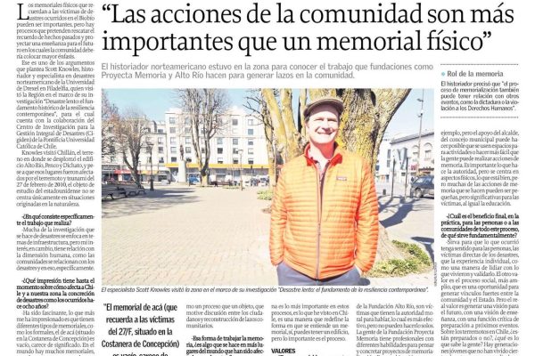 Diario El Sur: Scott Knowles investigador visitante CIGIDEN visita memorial del 27F en Concepción