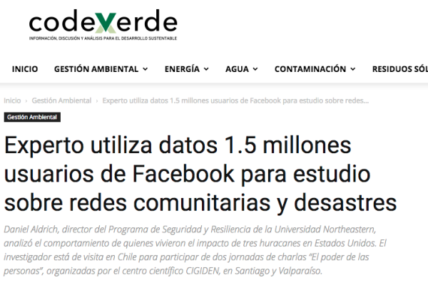 CodexVerde: Experto utiliza datos 1.5 millones usuarios de Facebook para estudio sobre redes comunitarias y desastres