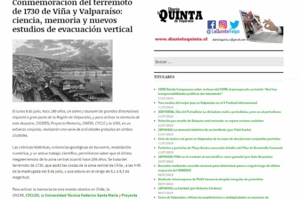 Diario La Quinta: Conmemoración del terremoto de 1730 de Viña y Valparaíso: ciencia, memoria y nuevos estudios de evacuación vertical