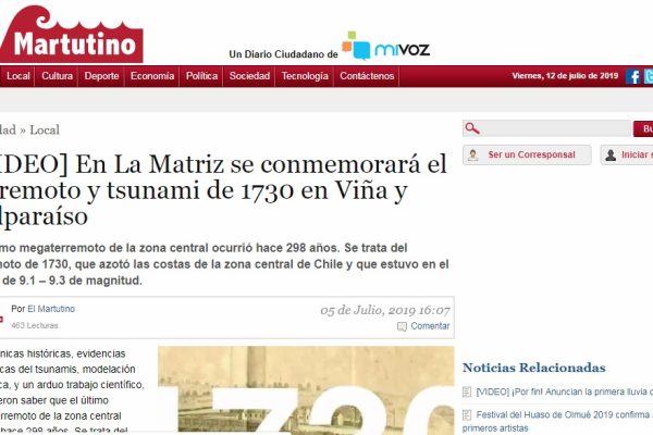 El Martutino: En La Matriz se conmemorará el terremoto y tsunami de 1730 en Viña y Valparaíso