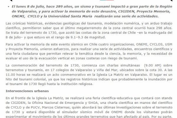 Noticias Onemi: Conmemoración del terremoto de 1730 de Viña y Valparaíso: ciencia y memoria