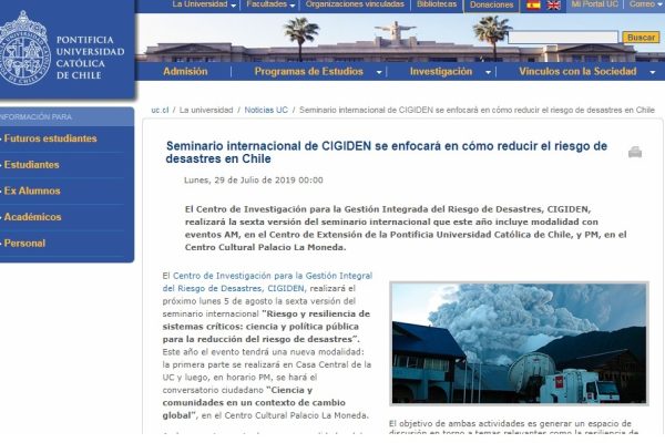 Prensa  UC: Seminario internacional de CIGIDEN se enfocará en cómo reducir el riesgo de desastres en Chile