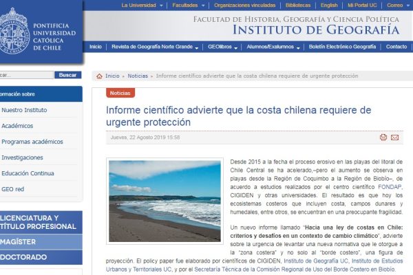 Prensa UC: Costa chilena requiere urgente protección