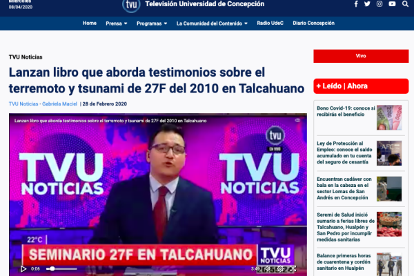 TVU.cl: Lanzan libro que aborda testimonios sobre el terremoto y tsunami de 27F del 2010 en Talcahuano
