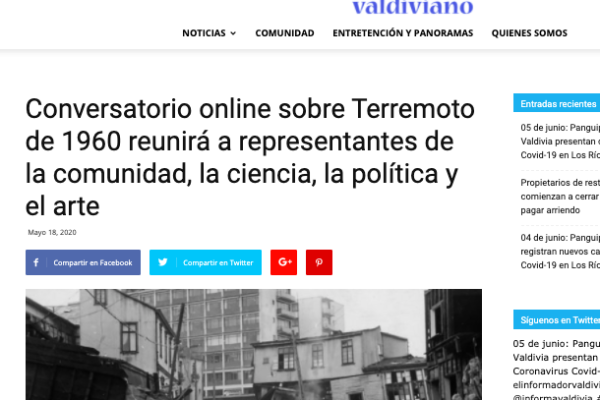 Informador Valdiviano: Conversatorio online sobre Terremoto de 1960 reunirá a representantes de la comunidad, la ciencia, la política y el arte