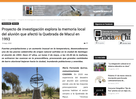 Ciencia en Chile: Proyecto de investigación explora la memoria local del aluvión que afectó la Quebrada de Macul en 1993