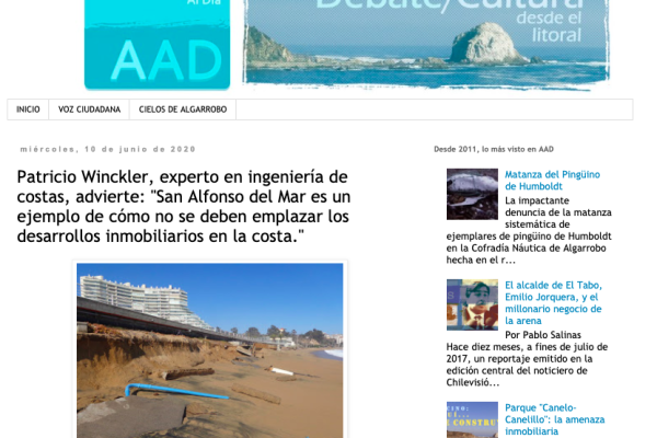Algarrobo al Día – Patricio Winckler, experto en ingeniería de costas, advierte: “San Alfonso del Mar es un ejemplo de cómo no se deben emplazar los desarrollos inmobiliarios en la costa.”