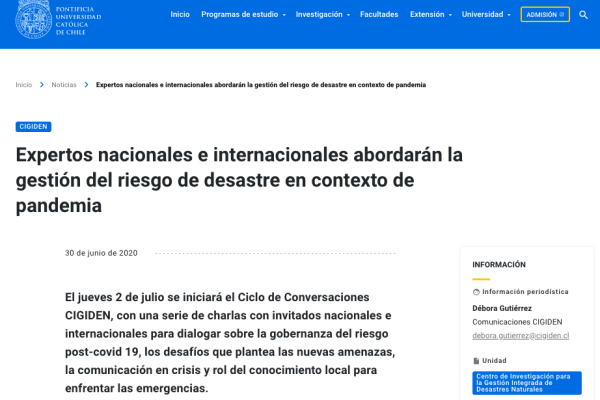 UC.CL: Expertos nacionales e internacionales abordarán la gestión del riesgo de desastre en contexto de pandemia