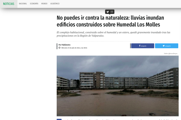 Publimetro: No puedes ir contra la naturaleza: lluvias inundan edificios construidos sobre Humedal Los Molles