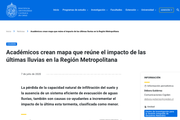 UC.cl: Académicos crean mapa que reúne el impacto de las últimas lluvias en la Región Metropolitana