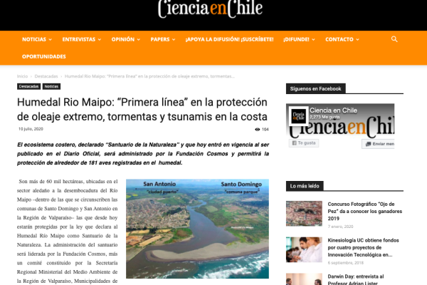Ciencia en Chile – Humedal Rio Maipo: “Primera línea” en la protección de oleaje extremo, tormentas y tsunamis en la costa