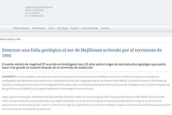 Dicyt.cl: Detectan una falla geológica al sur de Mejillones activada por el terremoto de 1995