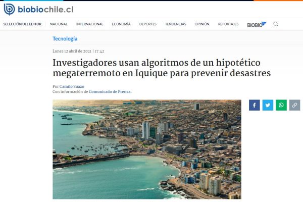 BíoBío.cl: Investigadores usan algoritmos de un hipotético megaterremoto en Iquique para prevenir desastres.