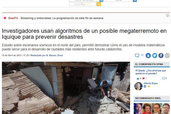 EMOL: Investigadores usan algoritmos de un posible megaterremoto en Iquique para prevenir desastres.