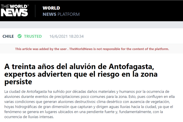 Theworldnews.net: A treinta años del aluvión de Antofagasta, expertos advierten que el riesgo en la zona persiste