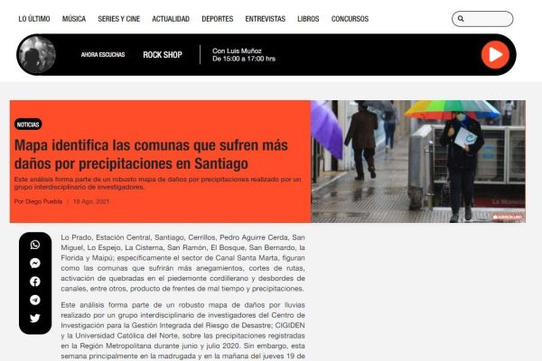 Futuro.cl: Mapa identifica las comunas que sufren más daños por precipitaciones en Santiago.