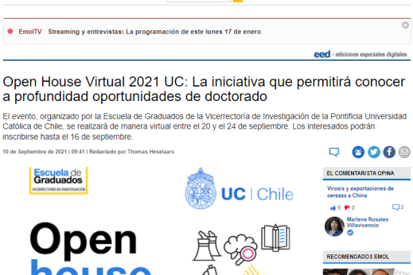 Emol.com: Open House Virtual 2021 UC: La iniciativa que permitirá conocer a profundidad oportunidades de doctorado