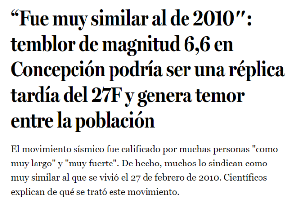 LaTercera.com: “Fue muy similar al de 2010″: temblor de magnitud 6,6 en Concepción podría ser una réplica tardía del 27F y genera temor entre la población