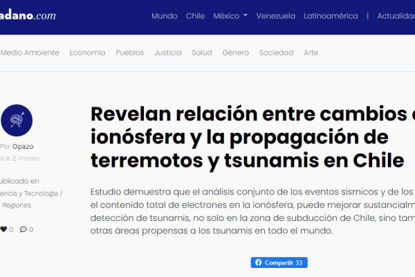 El Ciudadano: Revelan relación entre cambios en la ionósfera y la propagación de terremotos y tsunamis en Chile
