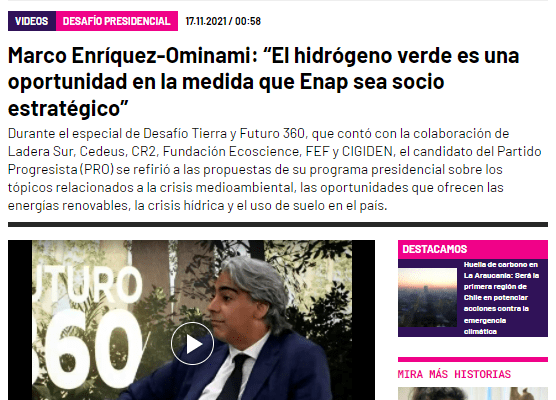 Futuro360.com: Marco Enríquez-Ominami: “El hidrógeno verde es una oportunidad en la medida que Enap sea socio estratégico”