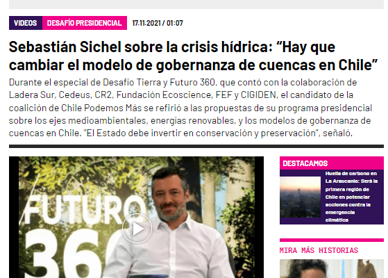 Futuro360.com: Sebastián Sichel sobre la crisis hídrica: “Hay que cambiar el modelo de gobernanza de cuencas en Chile”