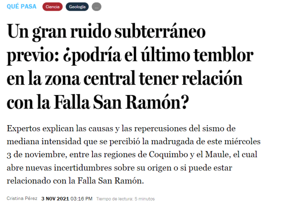 LaTercera.com: Un gran ruido subterráneo previo: ¿podría el último temblor en la zona central tener relación con la Falla San Ramón?