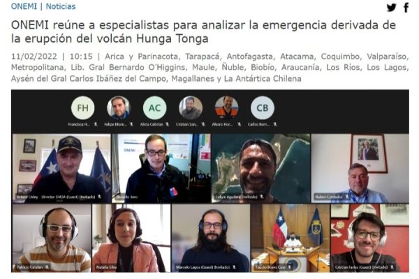 ONEMI | ONEMI reúne a especialistas para analizar la emergencia derivada de la erupción del volcán Hunga Tonga