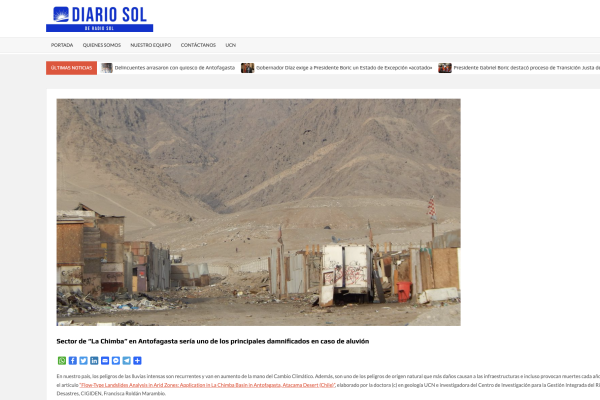 Diario Sol: ‘Sector de “La Chimba” en Antofagasta sería uno de los principales damnificados en caso de aluvión’