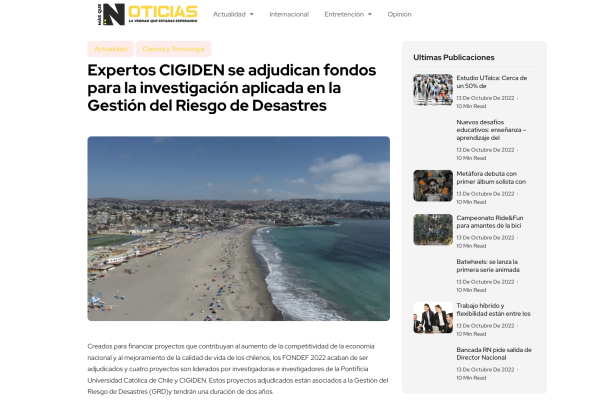 Masquenoticias.cl: ‘Expertos CIGIDEN se adjudican fondos para la investigación aplicada en la Gestión del Riesgo de Desastres’