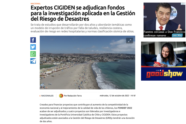 Terra.cl: ‘Expertos CIGIDEN se adjudican fondos para la investigación aplicada en la Gestión del Riesgo de Desastres’