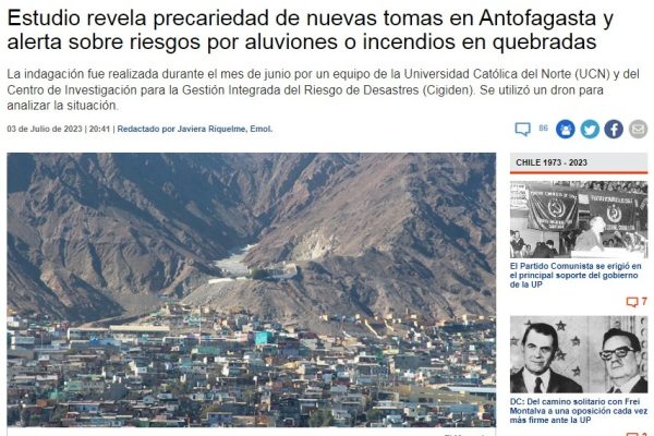 Emol | Estudio revela precariedad de nuevas tomas en Antofagasta y alerta sobre riesgos por aluviones o incendios en quebradas