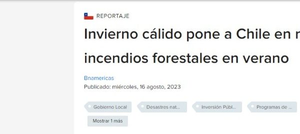 BN Americas | Invierno cálido pone a Chile en riesgo de incendios forestales en verano