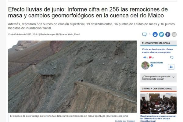Emol | Efecto lluvias de junio: Informe cifra en 256 las remociones de masa y cambios geomorfológicos en la cuenca del río Maipo