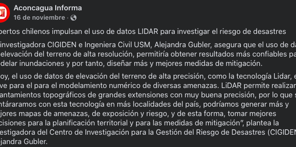 Aconcagua Informa | Expertos chilenos impulsan el uso de datos LIDAR para investigar el riesgo de desastres