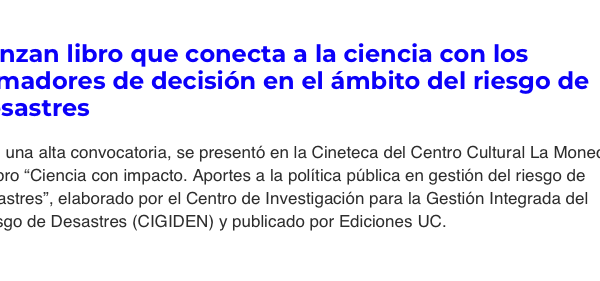 ACHM | Lanzan libro que conecta a la ciencia con los tomadores de decisión en el ámbito del riesgo de desastres