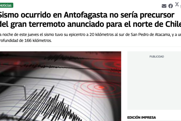 Publimetro | Sismo ocurrido en Antofagasta no sería precursor del gran terremoto anunciado para el norte de Chile