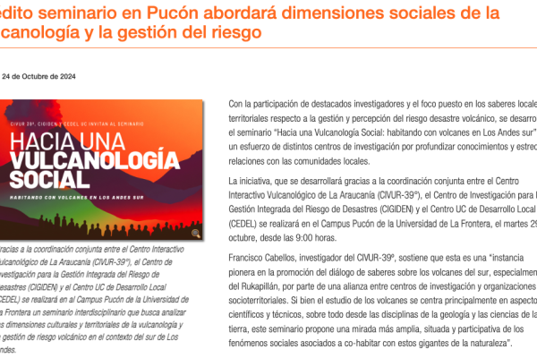 UFRO | Inédito seminario en Pucón abordará dimensiones sociales de la vulcanología y la gestión del riesgo