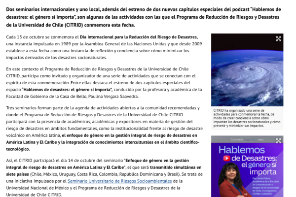 U. de Chile | Programa CITRID de la U de Chile conmemora el Día Internacional para la Reducción del Riesgo de Desastres