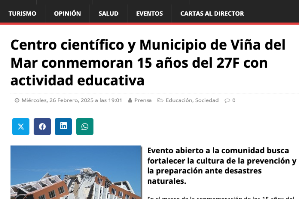 Valparaíso Noticias | Centro científico y Municipio de Viña del Mar conmemoran 15 años del 27F con actividad educativa