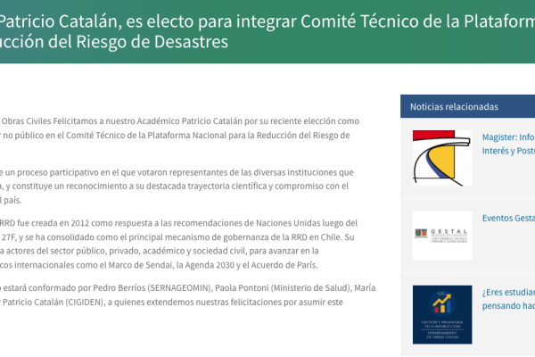 USM | Académico Patricio Catalán, es electo para integrar Comité Técnico de la Plataforma Nacional para la Reducción del Riesgo de Desastres
